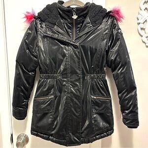 Appaman Middie Puffer Coat Jacket Girls 10 Black Faux Rainbow Fur Trim Hood